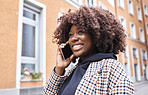 Phone call, black woman and smile of a happy African person in a city for travel. 5g, internet and web mobile connection of a female talking, communication and networking by a urban building
