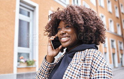 Buy stock photo Phone call, black woman and smile of a happy African person in a city for travel. 5g, internet and web mobile connection of a female talking, communication and networking by a urban building