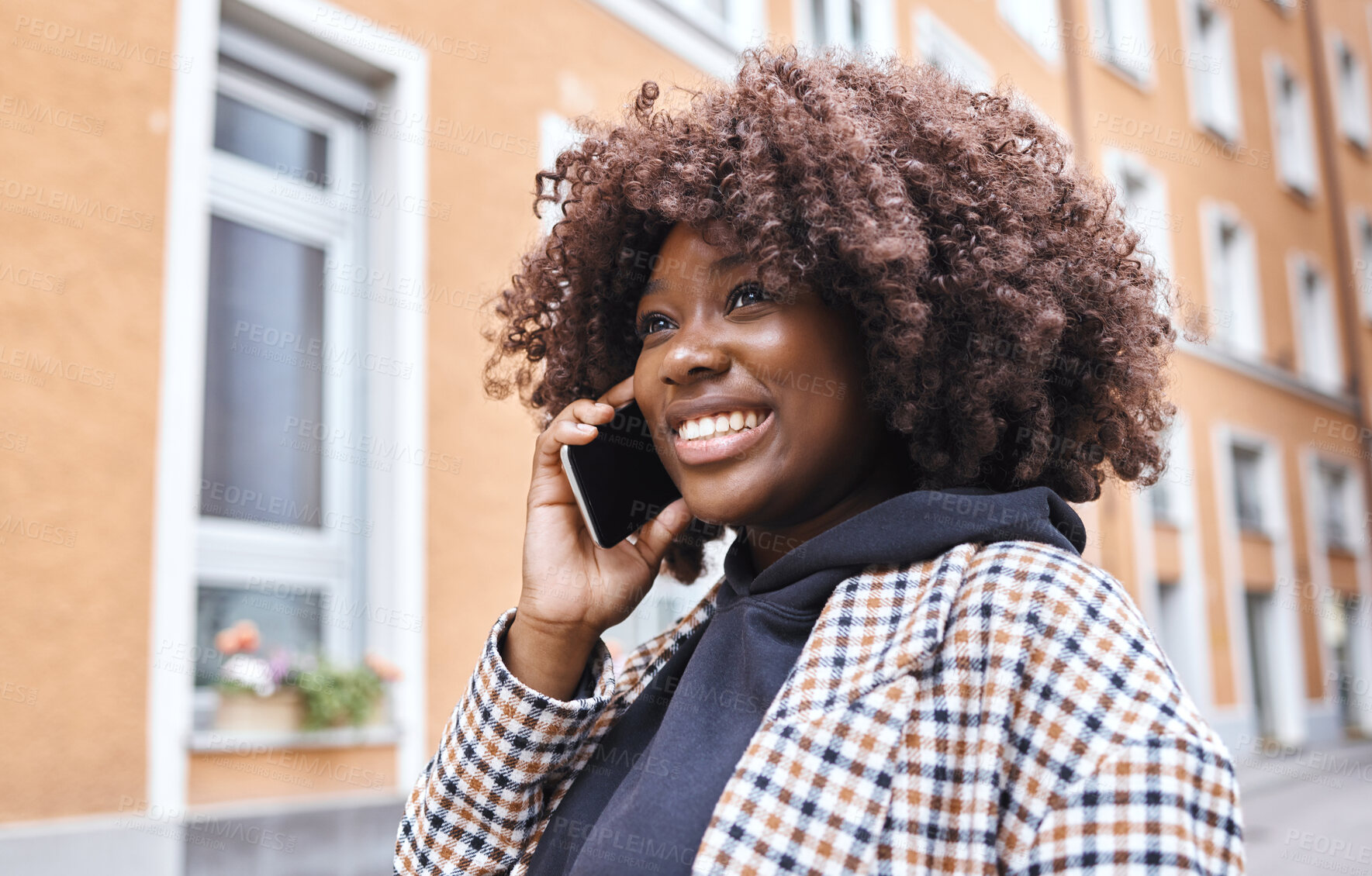 Buy stock photo Phone call, black woman and smile of a happy African person in a city for travel. 5g, internet and web mobile connection of a female talking, communication and networking by a urban building