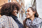 Selfie, travel and laughing in the city with a woman friends outdoor for tourism or adventure overseas. Photograph, tourist or laughter with a happy female and friend joking in an urban town