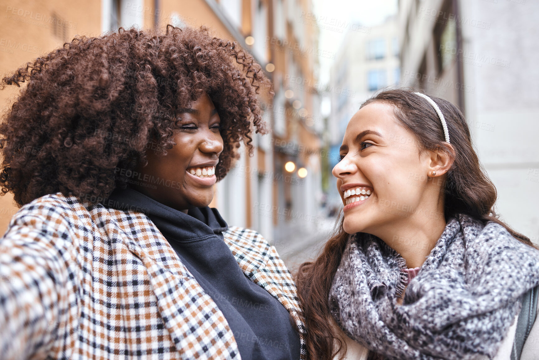 Buy stock photo Selfie, travel and laughing in the city with a woman friends outdoor for tourism or adventure overseas. Photograph, tourist or laughter with a happy female and friend joking in an urban town