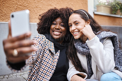 Buy stock photo Woman, friends and selfie smile in the city for friendship memory, social media or profile picture. Happy women smiling for photo, online post or vlog in travel, journey or trip in a urban town