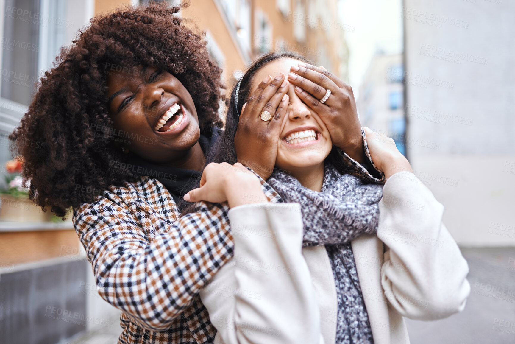 Buy stock photo Woman cover eyes of friend, surprise and outdoor for reunion, happiness and traveling for sightseeing. Females, ladies and tourists with smile, buddies and in holiday for adventure, journey and relax