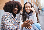 Friends, city and women with phone for social media, conversation and connection on London street. Communication, internet and happy black woman and girl on smartphone smile for selfie, app and meme