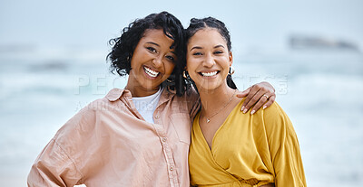 Buy stock photo Beach, hug and portrait of couple of friends for lgbtq, lesbian or love and freedom on vacation together with ocean water. Black woman and partner on date, fun and excited for sea, valentines holiday