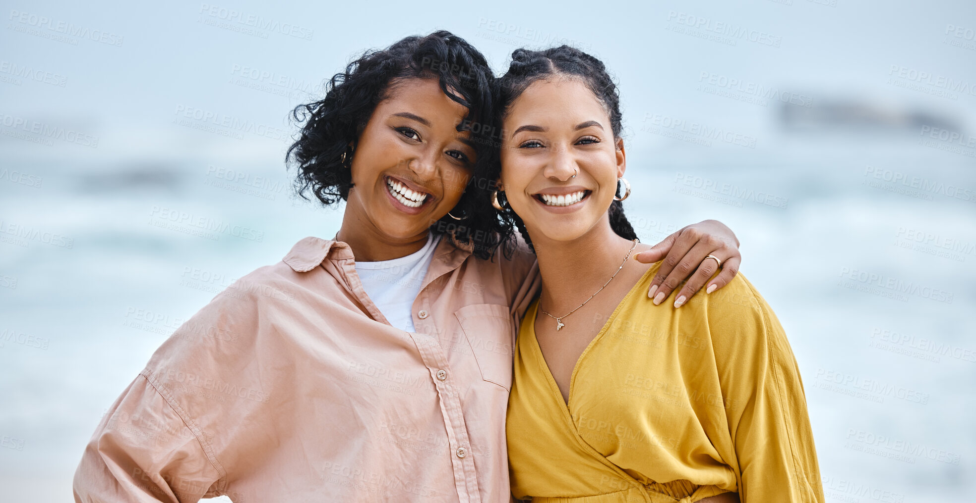 Buy stock photo Beach, hug and portrait of couple of friends for lgbtq, lesbian or love and freedom on vacation together with ocean water. Black woman and partner on date, fun and excited for sea, valentines holiday
