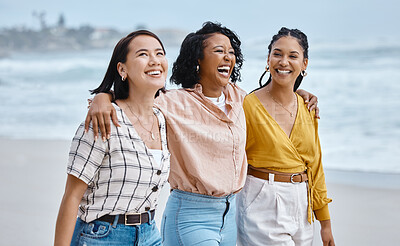 Buy stock photo Friends, diversity and beach, hug and walk while laughing, relax and talking against nature background. Travel, women and group embrace while walking at the sea, happy and smile on ocean trip in Bali
