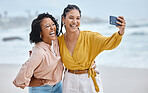 Beach, selfie or funny friends on holiday vacation with a happy smile while laughing or bonding in Miami. Travel, ocean or women hugging or relaxing for photo, profile picture or social media post 