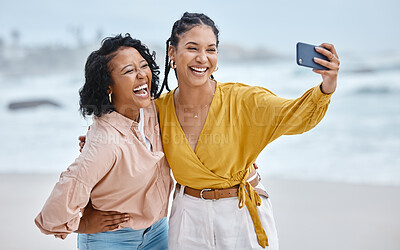 Buy stock photo Beach, selfie or funny friends on holiday vacation with a happy smile while laughing or bonding in Miami. Travel, ocean or women hugging or relaxing for photo, profile picture or social media post 