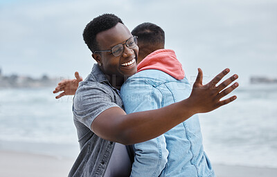 Buy stock photo Hug, greeting and friends at the beach happy, excited and embracing on nature, mockup and background. Men, hello and cheerful guys hugging, joy and embracing on a trip for reunion at the sea together