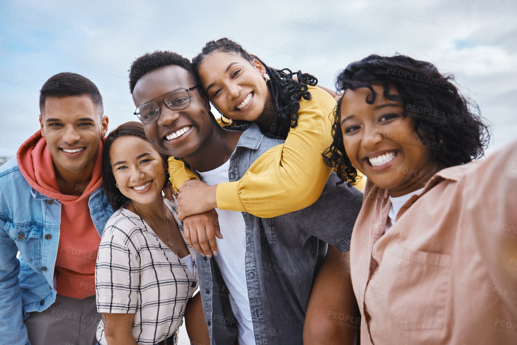 Buy stock photo Selfie, diversity and portrait of friends on a vacation while having fun together on weekend trip. Freedom, smile and happy group of multiracial people taking a picture while on adventure on holiday.