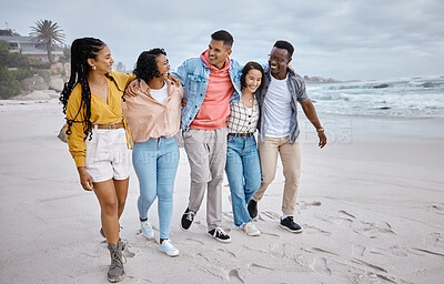 Buy stock photo Diversity, happy and friends walking at the beach for holiday, vacation and bonding on nature background. Men, smile and women group relax at the sea, laugh and cheerful on an ocean trip in Miami 