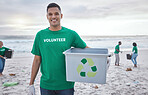 Recycle, box and portrait of man at beach for plastic, environment and earth day cleaning. Recycling, sustainability and climate change with volunteer and trash for pollution and eco friendly