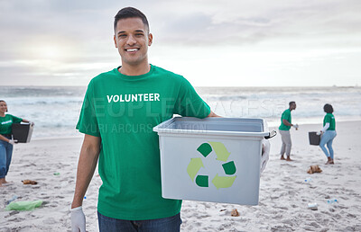 Buy stock photo Recycle, box and portrait of man at beach for plastic, environment and earth day cleaning. Recycling, sustainability and climate change with volunteer and trash for pollution and eco friendly