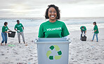 Recycle, box and portrait of woman at beach for plastic, environment and earth day cleaning. Recycling, sustainability and climate change with volunteer and trash for pollution and eco friendly