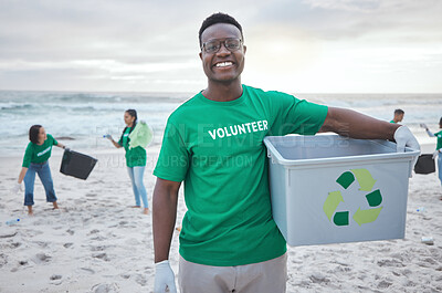 Buy stock photo Cleaning, recycle and portrait of black man at beach for plastic, environment or earth day. Recycling, sustainability and climate change with volunteer and trash for pollution and eco friendly
