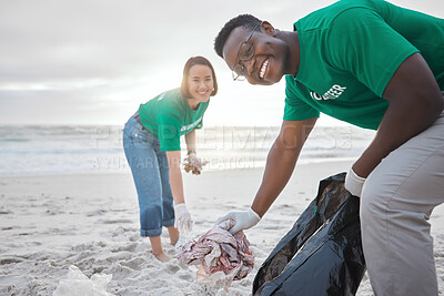 Buy stock photo Happy, recycling and portrait of people on beach for sustainability, environment and eco friendly. Climate change, earth day and nature with volunteer for community service, plastic and charity 