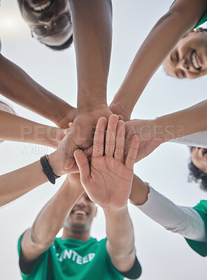 Buy stock photo Teamwork, volunteer and support with hands of people for sustainability, environment and climate change. Recycling, earth day and charity with friends and stack for diversity, energy and pollution