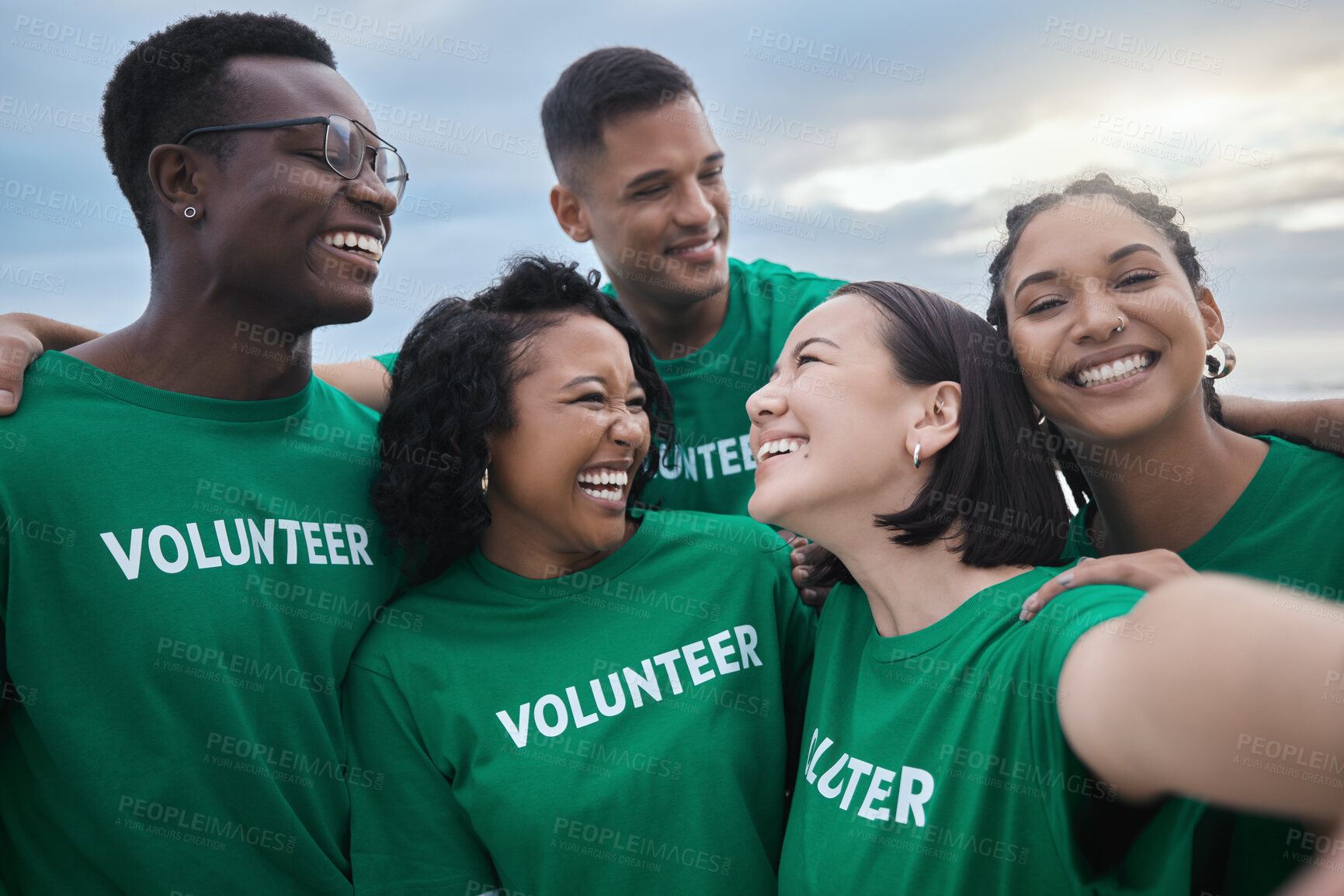 Buy stock photo Teamwork, selfie and smile with people on beach for sustainability, environment and climate change. Charity, earth day and social media with group of volunteer for recycling, energy and pollution