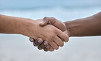 Diversity, hand and handshake on mockup for community, trust or unity on blurred background. People shaking hands in solidarity for deal, partnership or teamwork agreement, victory or winning goals