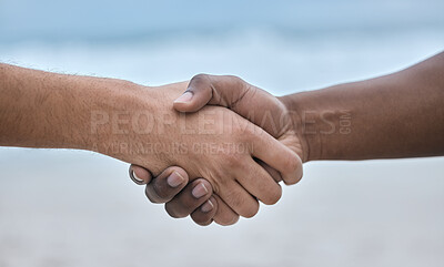Buy stock photo Diversity, hand and handshake on mockup for community, trust or unity on blurred background. People shaking hands in solidarity for deal, partnership or teamwork agreement, victory or winning goals