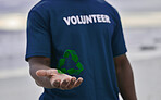 Volunteer, hand and recycle sign with hologram, carbon footprint and save the earth with awareness. Black man, male and guy with holograph, community and eco friendly with reduce, reuse and pollution