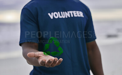 Buy stock photo Volunteer, hand and recycle sign with hologram, carbon footprint and save the earth with awareness. Black man, male and guy with holograph, community and eco friendly with reduce, reuse and pollution