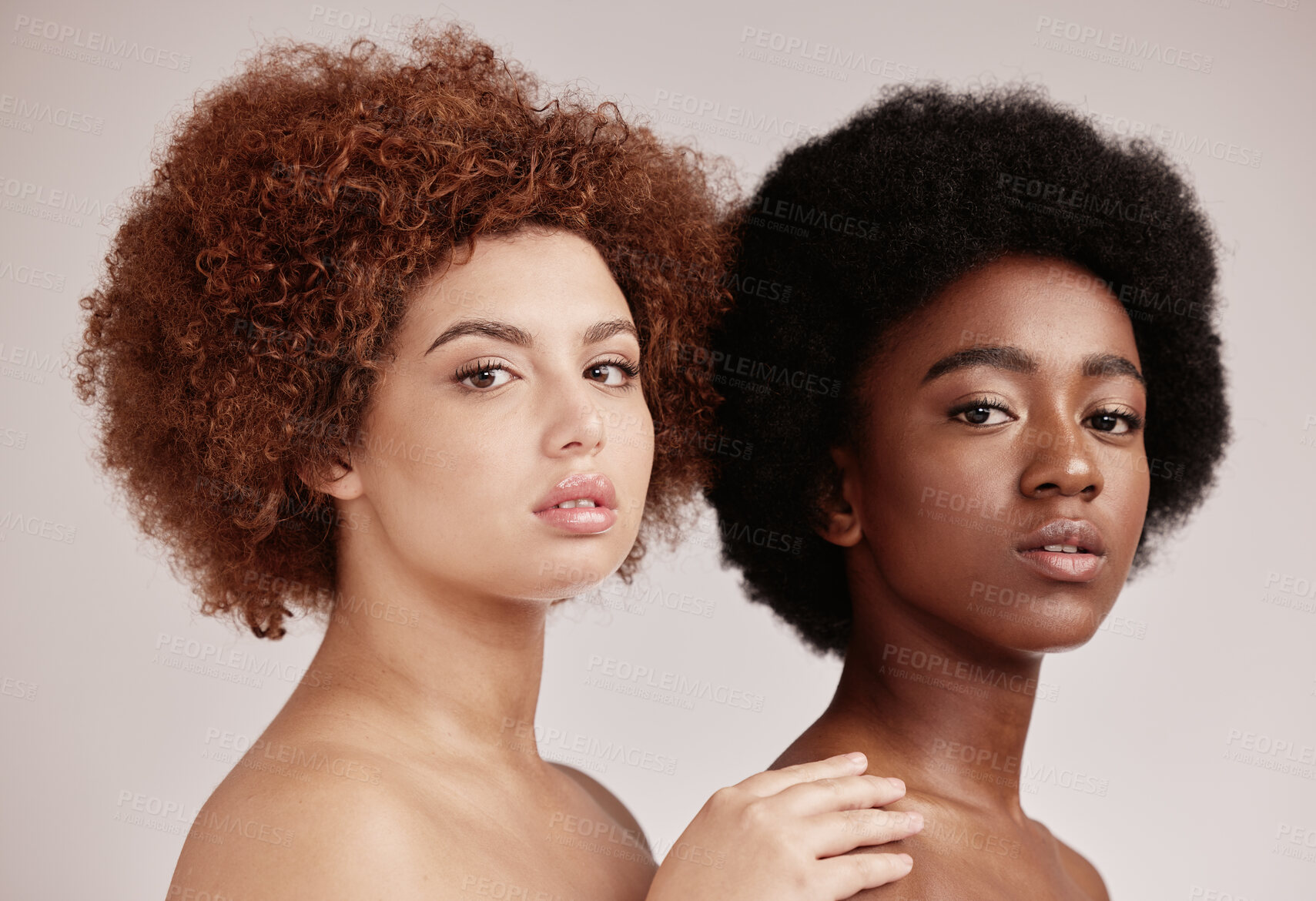 Buy stock photo Friends, beauty with face and black women in portrait,
inclusive cosmetic care on studio background. Natural, cosmetics and hair, healthy skin and melanin, makeup and dermatology with glow