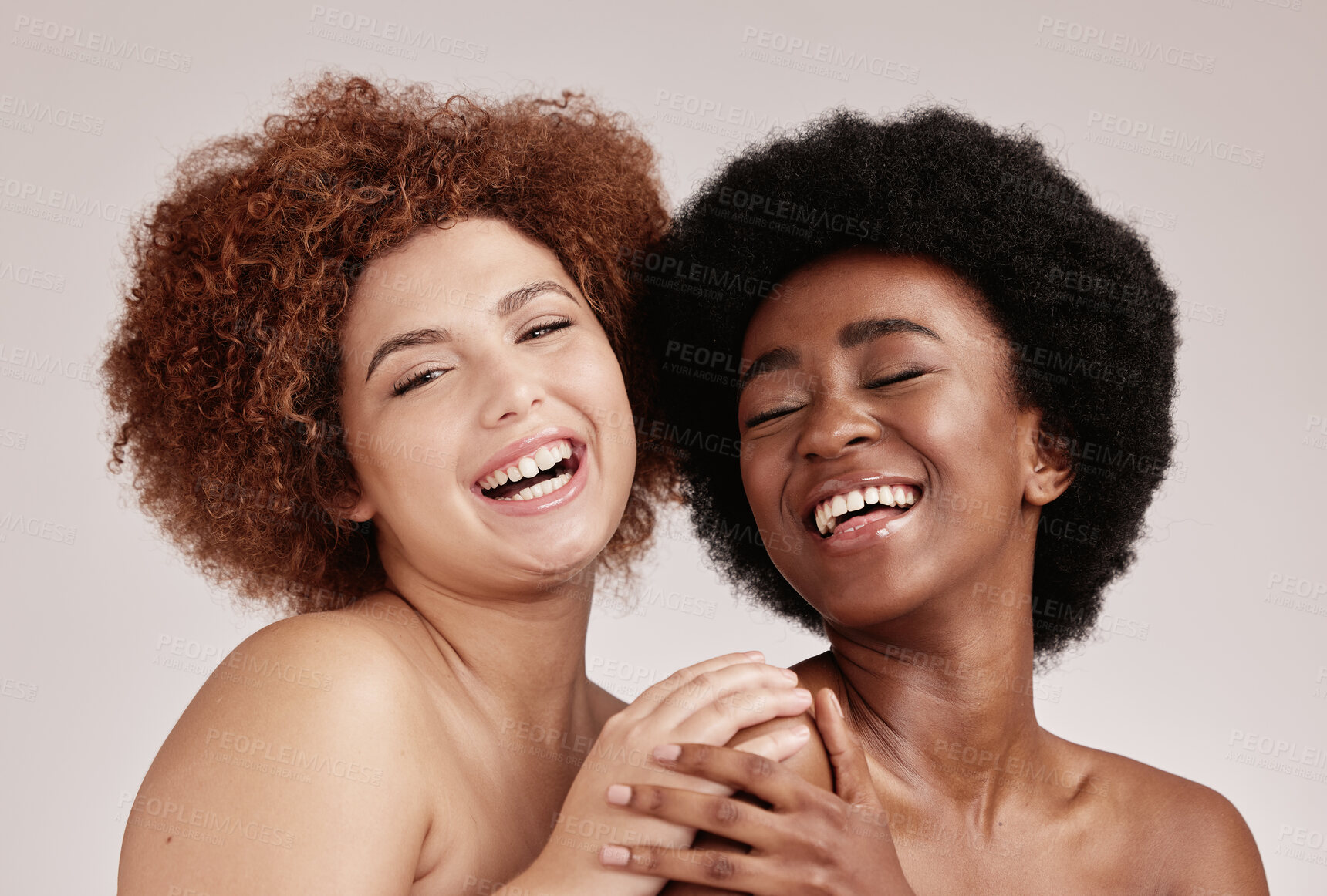 Buy stock photo Friends, beauty and face with skincare and women, happy with inclusive cosmetic care on studio background. Natural cosmetics, healthy skin and diversity with melanin, makeup and dermatology with glow