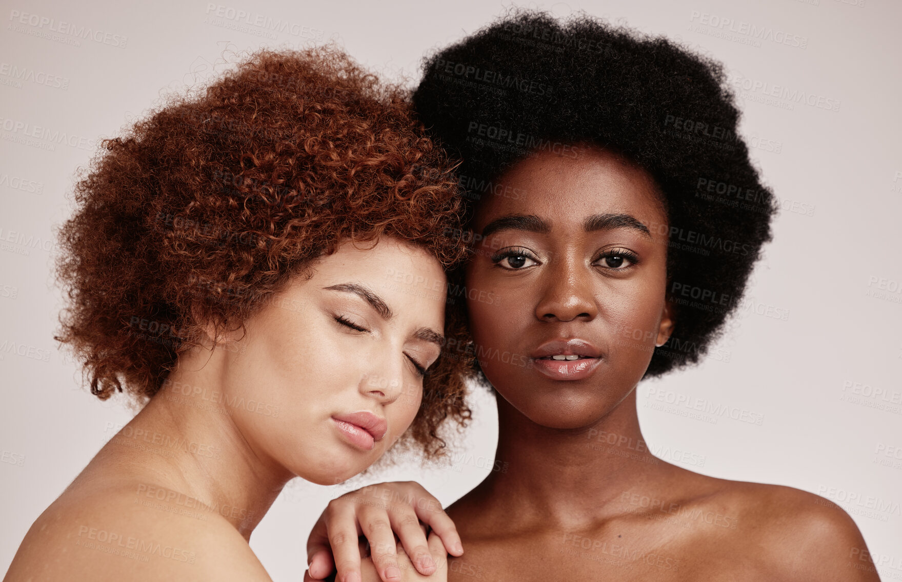 Buy stock photo Skincare, beauty and friends, black women models with glowing skin and afro isolated on grey background. Dermatology, diversity and face, luxury cosmetics or makeup, woman model and friend in studio.