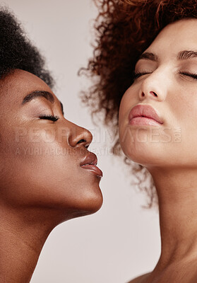 Buy stock photo Face, beauty and black women with zoom, eyes closed and afro, friends isolated on grey background. Dermatology, diversity and skincare, luxury cosmetics or makeup, woman model and friend in studio.