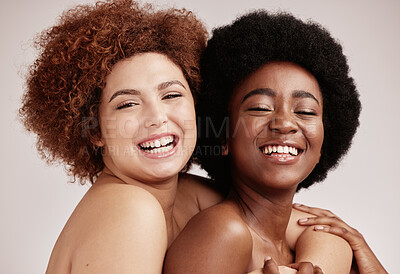 Buy stock photo Friends hug, beauty and face with skincare and women, happy with cosmetic care inclusion on studio background. Natural cosmetics, healthy skin and diversity with melanin, makeup and dermatology glow