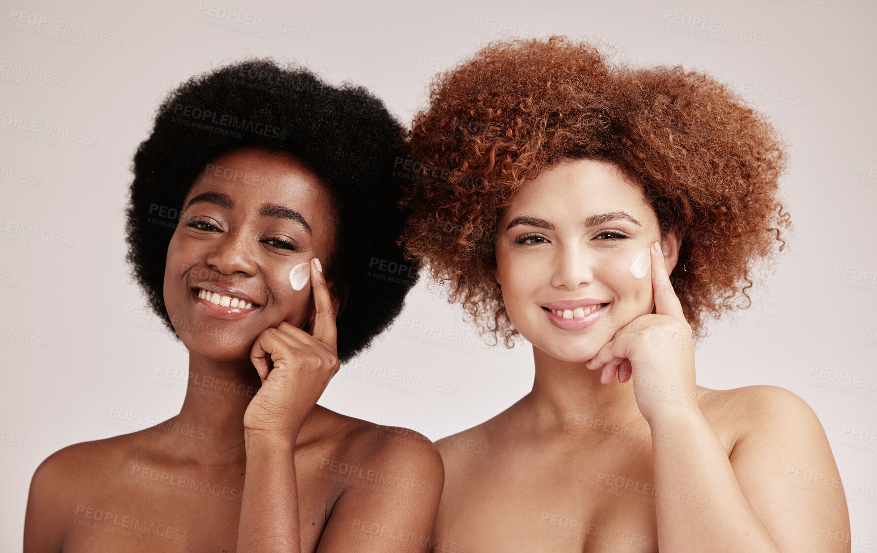 Buy stock photo Cream, face product and girl friends portrait with diversity and happiness for sleepover skincare. Wellness, black  women and spa aesthetic with lotion and moisturizer for facial and cosmetic 