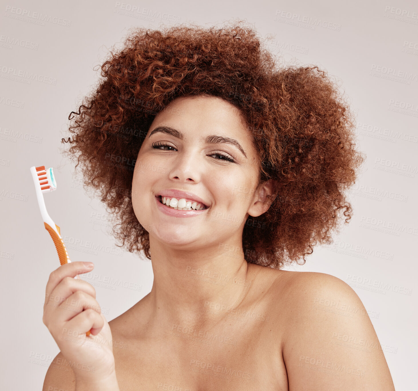 Buy stock photo Black woman, toothbrush and studio portrait for mouth health, cleaning and hygiene by background. Happy gen z model, brushing teeth and smile for beauty, wellness or self care with dental toothpaste