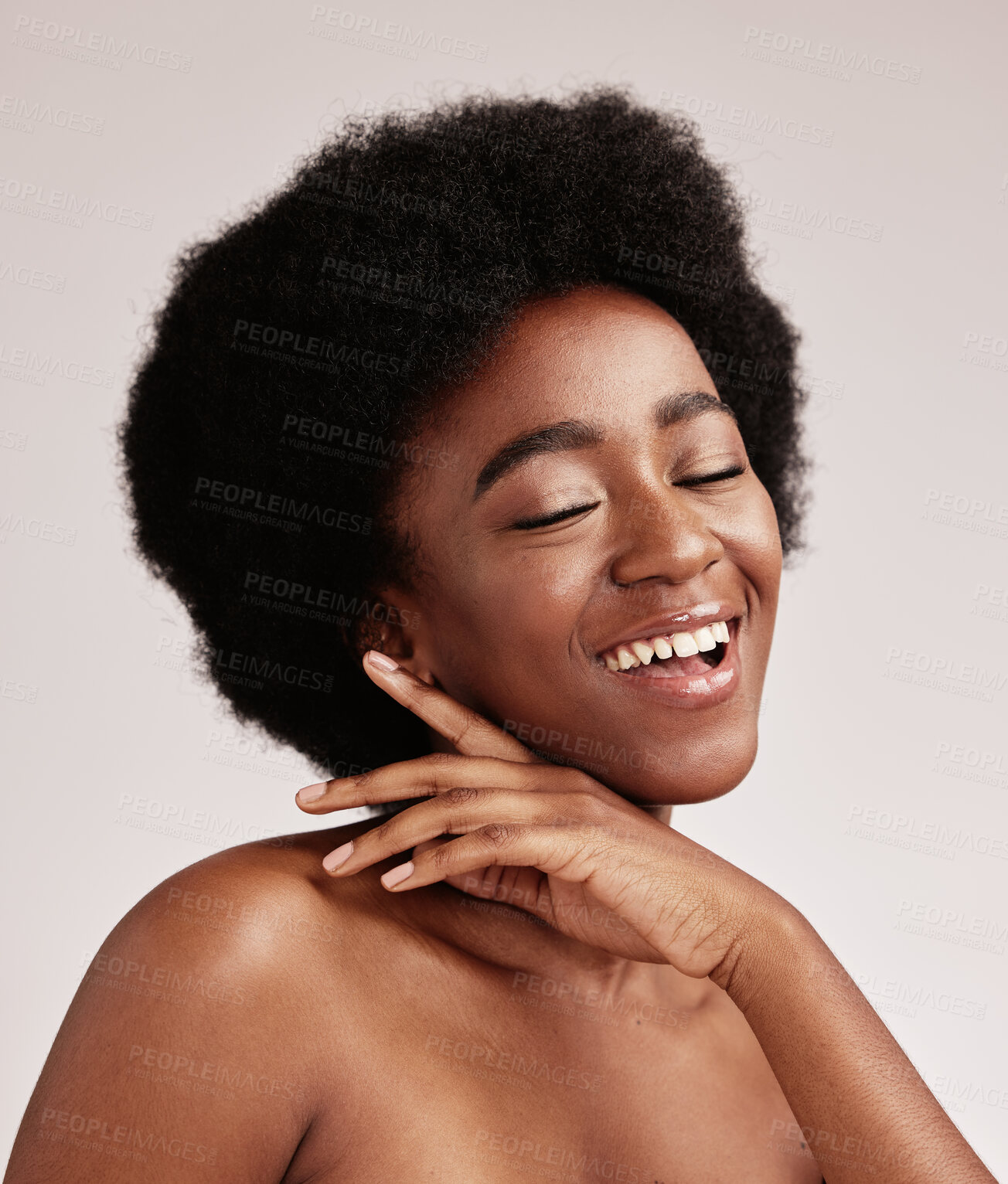 Buy stock photo Beauty, happy black woman and skin glow of a young person face with hands after facial. Wellness, cosmetics and model in a isolated studio with a smile doing dermatology, detox and spa self care