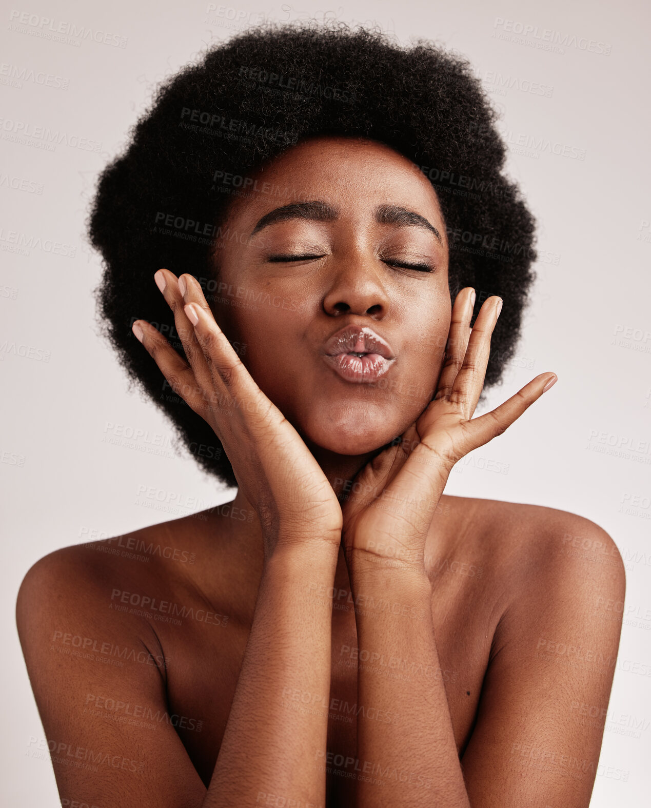 Buy stock photo black woman, kiss and model face with skincare, beauty and spa aesthetic in a studio. Isolated, white background and wellness treatment of a young person feeling calm from self care and dermatology