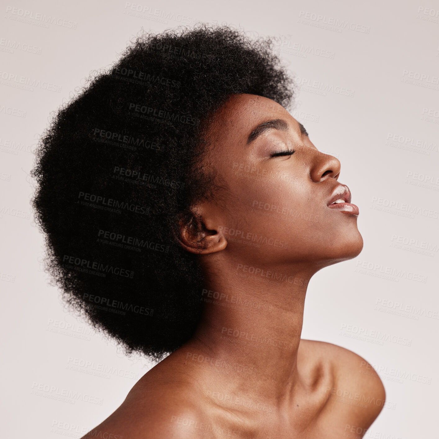 Buy stock photo Beauty, black woman profile and skincare aesthetic with skin glow and cosmetics in a studio. Dermatology, facial and self care of a young person model feeling calm from cosmetic and detox treatment