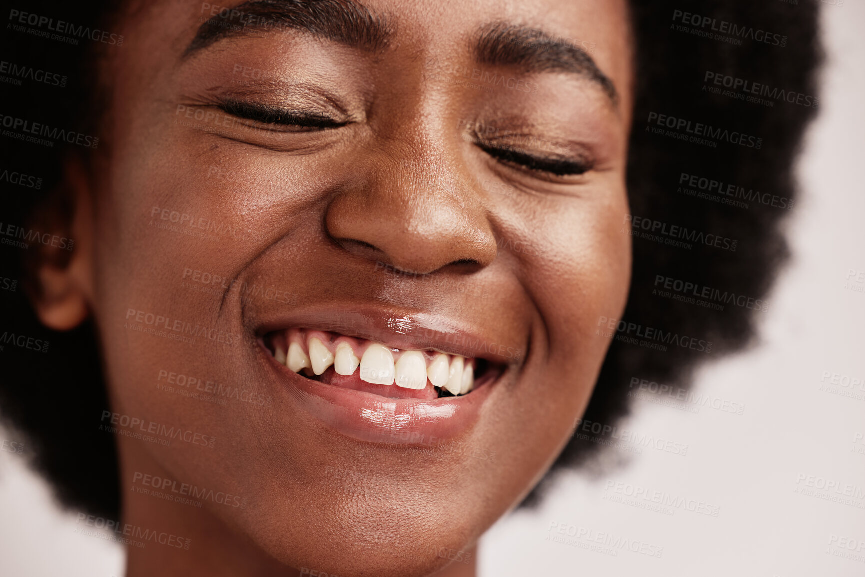 Buy stock photo Beauty, face or afro hair and teeth, dental care or mouth hygiene in healthcare, wellness or model grooming. Zoom, smile or happy black woman and skincare glow, clean orthodontics or makeup cosmetics