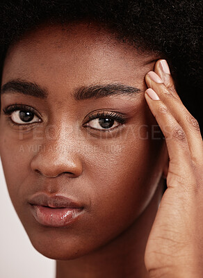 Buy stock photo Portrait, black woman or cosmetics for dermatology, beauty or salon treatment on grey studio background. Face detox, African American female or confident girl with makeup, morning routine or grooming