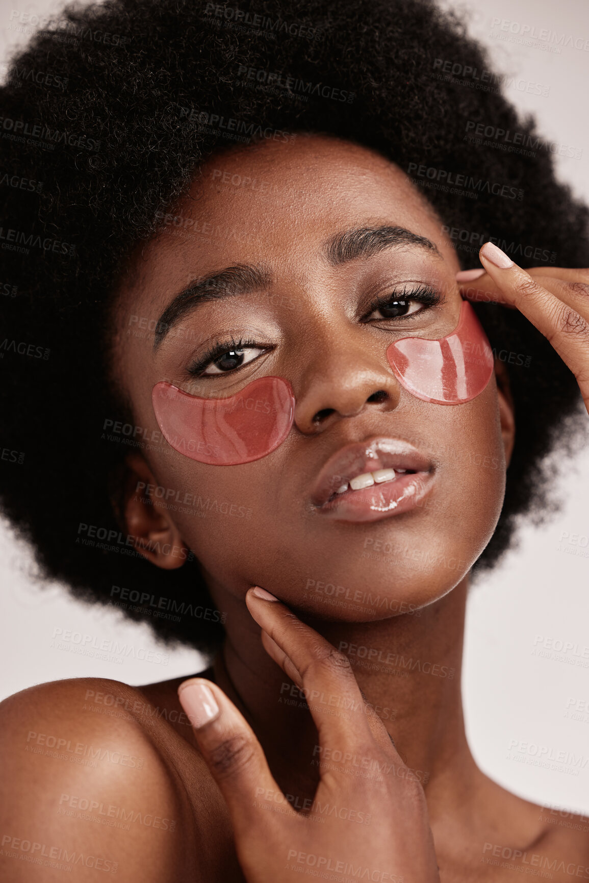 Buy stock photo Skincare, eye mask and face portrait of black woman in studio with dermatology cosmetic product. Aesthetic model with hand on spa collagen beauty patch for health, wellness and natural facial glow
