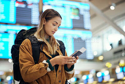 Buy stock photo Travel, passport and woman with phone at airport lobby for
social media, internet browsing or web scrolling. Vacation, mobile technology and female with smartphone and ticket for global traveling.