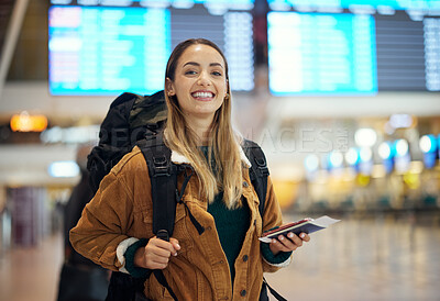 Buy stock photo Airport, travel and portrait of woman with passport, flight ticket or information of immigration, journey and backpack. Young person, identity document and international registration. faq or about us