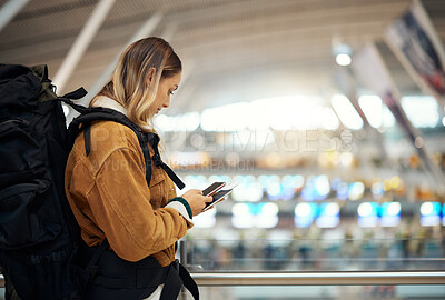 Buy stock photo Passport, travel and woman with phone at airport lobby for
social media, internet browsing or web scrolling. Vacation, mobile technology and female with smartphone and ticket for global traveling.