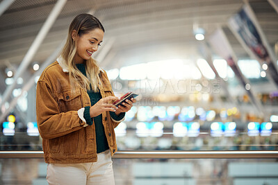 Buy stock photo Phone, travel and woman with passport at airport lobby for
social media, internet browsing or web scrolling. Vacation, mobile technology and female with smartphone and ticket for global traveling.