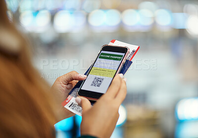 Buy stock photo Hands, phone travel and vaccine passport app for vacation, holiday or global traveling. Covid, mobile and woman with smartphone with digital software for barcode boarding pass or ticket at airport.