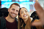 Couple, love and travel selfie at airport lobby taking pictures for holiday, vacation or global traveling. Portrait, flight and man and woman take photo for social media, profile or happy memory.