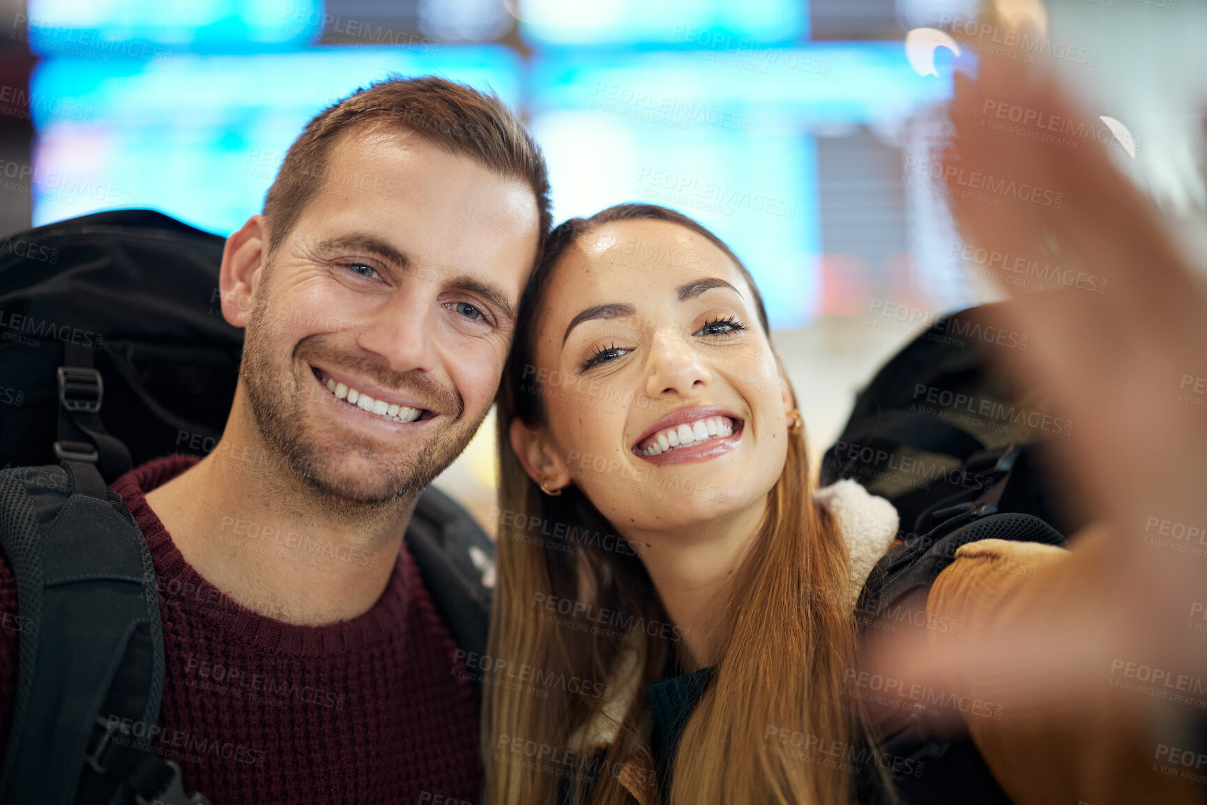 Buy stock photo Couple, love and travel selfie at airport lobby taking pictures for holiday, vacation or global traveling. Portrait, flight and man and woman take photo for social media, profile or happy memory.