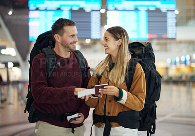 Buy stock photo Love, passport or couple in airport to travel on a honeymoon vacation flight or romantic holiday together. Smile, team work or happy woman talking, laughing or speaking to a funny partner in a lobby