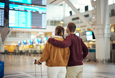 Buy stock photo Couple at airport, travel and flight time with holiday overseas, 
adventure and love with romantic getaway. Man, woman and hug, international flight for vacation and bonding, ready to board airplane