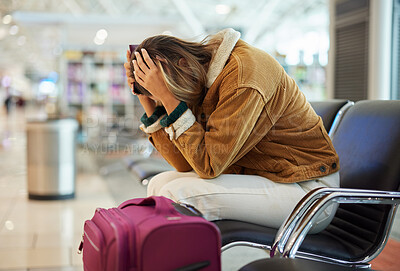 Buy stock photo Upset woman, airport and flight delay sitting on bench in travel restrictions or plane cancelation with luggage. Angry, sad or disappointed female in frustration for missing boarding schedule time